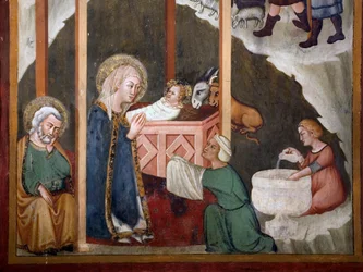 O Afresco Nativite da escola de Siena. Século 14. Capela da Virgem. Mosteiro de São Benedetto