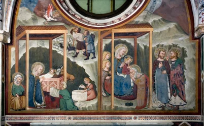 A Natividade e a Adoração do Fresco Magi da Escola de Siena. Século XIV. Capela da Virgem. Mosteiro de São Benedetto (Sacro Speco), Subiaco (Roma), Itália.