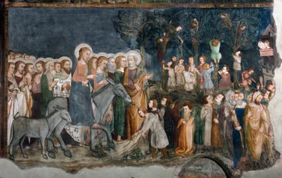 A entrada do Afresco de Jerusalém da escola de Siena. Século 14. Igreja Superior. Mosteiro de São Benedetto