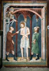 O afresco flagelado da escola de Siena. Século 14. Igreja Superior. Mosteiro de São Benedetto