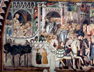 Vista do detalhe de um afresco que decora a Igreja Alta representando o Monte do Calvário: à esquerda Jesus em frente de Pôncio Pilatos. Realizado pela escola de Siena, a partir do início do século XIV. Mosteiro de São Benedetto (Sacro Speco), Su