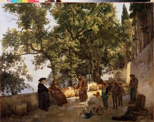 Um terraço na praia, perto de Sorrento (Sorrento, Itália) (Monges capuchinhos conversando e um homem carregando seu burro com pequenos barris) - Um terraço à beira-mar, Cappuccini perto de Sorrento - Pintura de Sylvester Feodosiyevich Shchedrin (Sylv