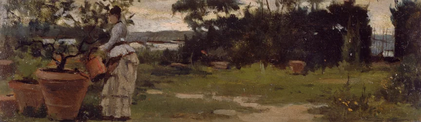 Jardim em Bellariva, cerca de 1884, por Silvestro Lega (1826-1895), óleo sobre painel, 7x23,5 cm