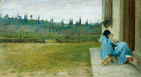 Senhora no trabalho, por Silvestro Lega (1826-1895), óleo sobre tela, 22x40 cm