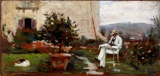 Luigi Tommasi no seu jardim (Pintura sobre uma caixa de madeira