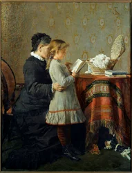 Lição de leitura. Uma enfermeira aprende a ler uma menina. Pintura de Silvestro Lega (1826-1895) Ec. Ital