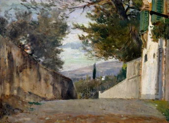 A Salita del Pellegrino em Firenze, de Silvestro Lega (1826-1895), óleo sobre painel, 24x35 cm, Itália