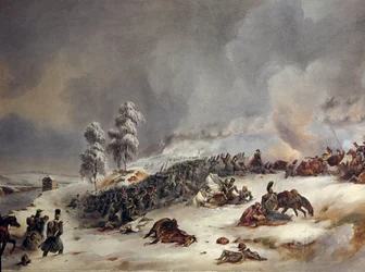 Aposentadoria da Rússia em 1812: “” Divisão Ricard na Batalha de Krasnoe em 18/11/1812, 9h.”” Pintura em aquarela de Simeon Fort (1793-1861) Sun. 0,6x0,99m.