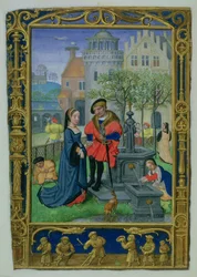 Acrescentar 24098 f.21v Abril: Courting, de um Livro de Horas, ou o Livro de Golfe, c.1520-30 (vellum)