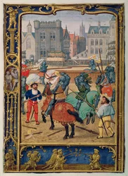 Adicionar 24098 f.23v Junho: Justa e um jogo com cavalos de pau, de um Livro de Horas, ou o Livro de Golfe, c.1520-30 (velino)