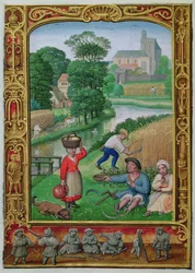 Adicionar 24098 f.25v agosto: Colheita perto de um rio, de um Livro de Horas ou do Livro de Golfe, c.1520-30 (velino)