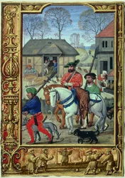 Acrescentar 24098 f.28v Novembro: Regresso da caça, de um Livro de Horas, ou do Livro de Golfe, c.1520-30 (vellum)