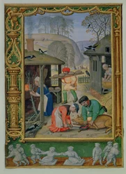 Adicionar 24098 f.29v Dezembro: Preparar comida para o inverno, fazer pão e matar um porco, de um Livro de Horas, ou o Livro de Golfe, c.1520-30 (velino)