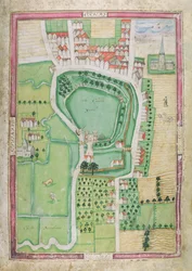 Castelo de Hertford e Castle Yard, do levantamento feito por Symon Basyll Surveyor ..., 1608 (caneta e tinta com wc e guache sobre papel)