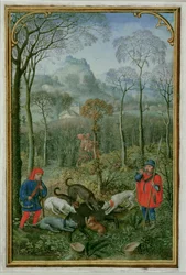 18855 f.108v Dezembro: matando o javali, de um Livro de Horas, c.1540 (velino)