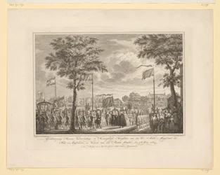 Adeus a Willem V e sua esposa no Buiten Amstel, 1768 Adeus a Suas Altezas Serenas e Reais van den Ed: Achtb: Magistrate of the City of Amsteldam, and Departure of den Buiten Amstel, 4 de junho de 1768 (título no objeto) Imagem