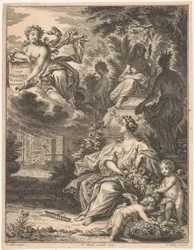 Flora em um jardim Página de rosto para: Tielman van Bracht, Tuingedagten. Em seis cursos, 1754