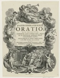 Minerva aplaude um jovem com touro
Página de título para: J.G. Slegt, Oratio, qua adseritur, Nimrodum falso patrem Nini (...), 1747