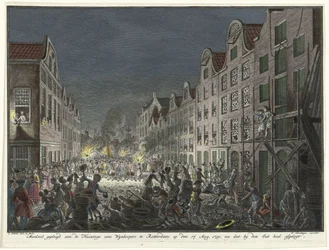 Saquear a casa de um comerciante de vinho Gerrit Hagedooren em Roterdão, 1751
Sedição cometida na Huizinge eens Wynkoopers te Rotterdam em 17 de Agosto de 1751, depois de ele ter prestado juramento (título sobre o objecto)