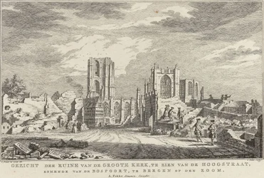 Ruína da Grande Igreja de Bergen op Zoom, 1748 Vista das ruínas do Groote Kerk, vistas do Hoogstraat, vindo do Bospoort, em Bergen op den Zoom (título no objeto) Dez faces das ruínas após o cerco e destruição de Bergen op Z