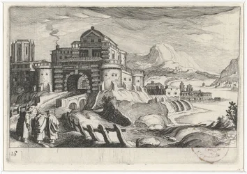 Povo de Emmäus em frente a um portão da cidade em uma paisagem montanhosa Paisagens do sul da Europa (título da série) Topographia variaum regionum (título da série)