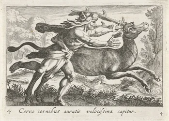 Hércules captura a corça de Cerynea
Cerva cornibus auratis velocissima capitur (título sobre o objecto)
Temas hercúleos (título da série)