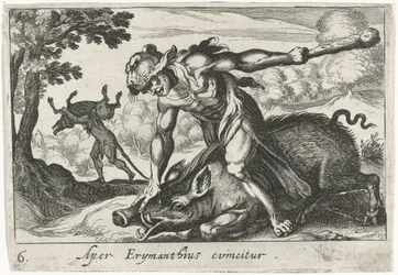 Hércules captura o javali de Erymanthus
Aper Erymanthius evincitur (título sobre o objecto)
Temas hercúleos (título da série)