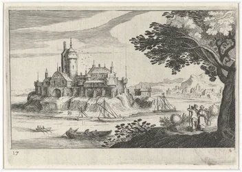 Paisagem montanhosa com um castelo em uma ilha Paisagens do sul da Europa (título da série) Topographia variaum regionum (título da série)