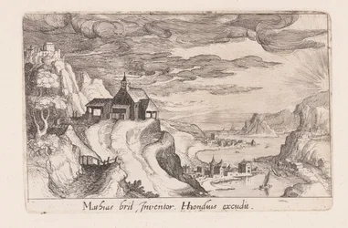 Paisagem com um vale de rio e uma igreja numa colina, de Topographia Variarum Regionum