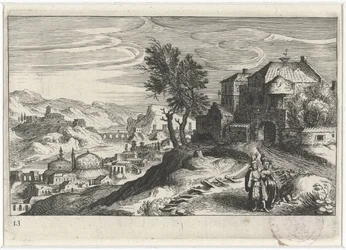 Vale do rio com edifícios Paisagens do sul da Europa (título da série) Topographia variaum regionum (título da série)