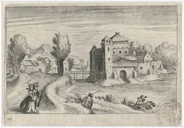 Paisagem do rio com um castelo Paisagens do sul da Europa (título da série) Topographia variaum regionum (título da série)