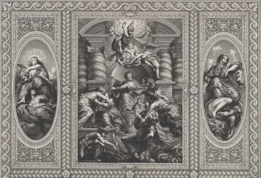 James I nomeando Charles como Rei da Escócia no centro, Minerva lançando Ignorance no ri..., 1720.