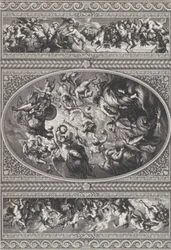 A apoteose de Jaime I em oval no centro, frisos com putti e guirlandas em ambos ..., 1720.