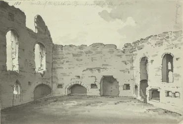 Castelo de Bamburgh, ruínas de cozinha, Adicionar. 15542, f.180, c.1780 (lavagem com caneta e tinta sobre papel)