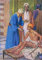 Pedro e João no lindo portão, do livro bíblico publicado por Thomas Nelson, c.1950