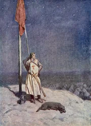 O cavaleiro está de guarda no Monte de St. George com a bandeira da Inglaterra, ilustração de "O Talismã: Um Conto dos Cruzados", de Sir Walter Scott