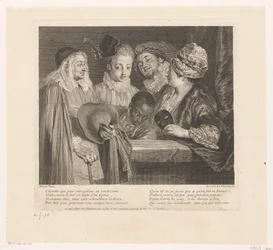 Gezelschap van vijf atores bijeen parapet As coquetes Obra de Antoine Watteau (título da série) A obra de Antoine Watteau, pintor do rei na sua Academia Real de Pintura e Escultura (...) (título da série)