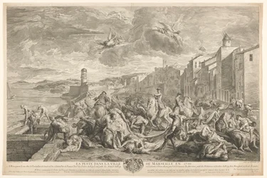 Vítimas da peste bubónica são abatidas em La Tourette, Marselha
La Peste dans la ville de Marseille en 1720 (título sobre o objecto)