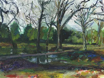 Inundação, Richmond Park (aguarela, guache, lápis de aguarela e tinta sobre papel)