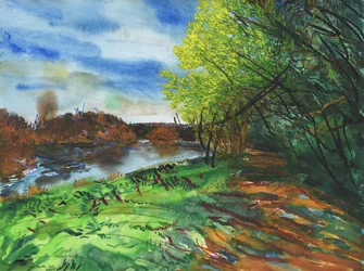 River Thames, Richmond, 2014 (aguarela, guache e pastel de óleo sobre papel)