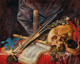 Vanitas natureza morta com viola, clarinete, caveira, partituras e vela.