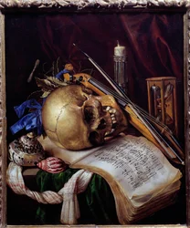Vanita Natureza morta de crânio, partituras, instrumentos musicais, conchas e ampulhetas. Pintura de Simon Bernard de Saint Andre (1613-1677) 1650 Sol. 0,52x0,44 m Marselha, Musee des Beaux Arts.