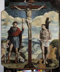 Crucificação com St. Roch e St. Sebastian (óleo sobre madeira)