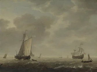 Um homem de guerra holandês e vários navios em uma brisa, c. 1640