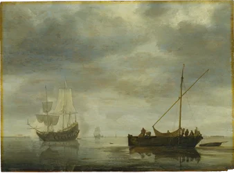 Navio de um mastro e fragata disparam uma salva num mar calmo