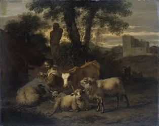 Paisagem italiana com pastoras e rebanhos