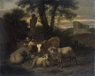 Paisagem italiana com pastora e rebanhos