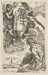 Alegoria do rio Foglia com o brasão da cidade de Pesaros, frontispício para ..., ca. 1639