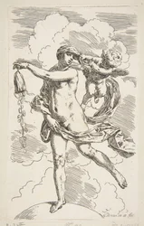 Fortuna em pé em um globo esvaziando uma bolsa de moedas, ca. 1635-1636.