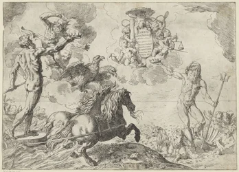 Júpiter, Netuno e Plutão oferecem a sua coroa ao brasão de armas do Cardeal Scipione Borghese
Tese Júpiter, Neptuno e Plutão coronas suas offerunt armis (título sobre o objecto)